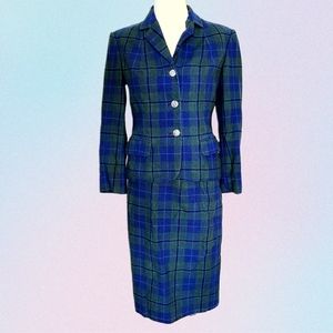 Vintage blue green and black plaid wool skirt suit with silver buttons